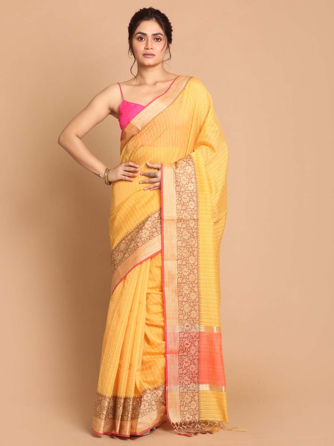 Indethnic Banarasi Yellow Checked Daily Wear Saree - View 1