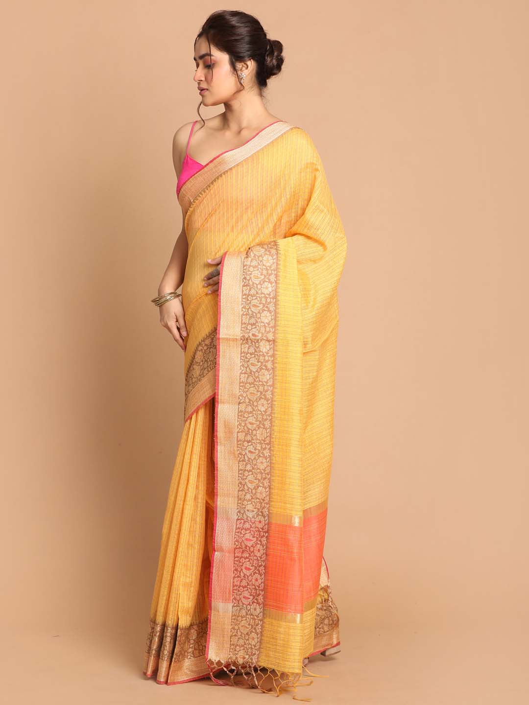 Indethnic Banarasi Yellow Checked Daily Wear Saree - View 2