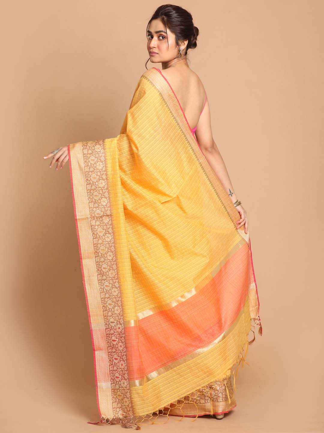 Indethnic Banarasi Yellow Checked Daily Wear Saree - View 3