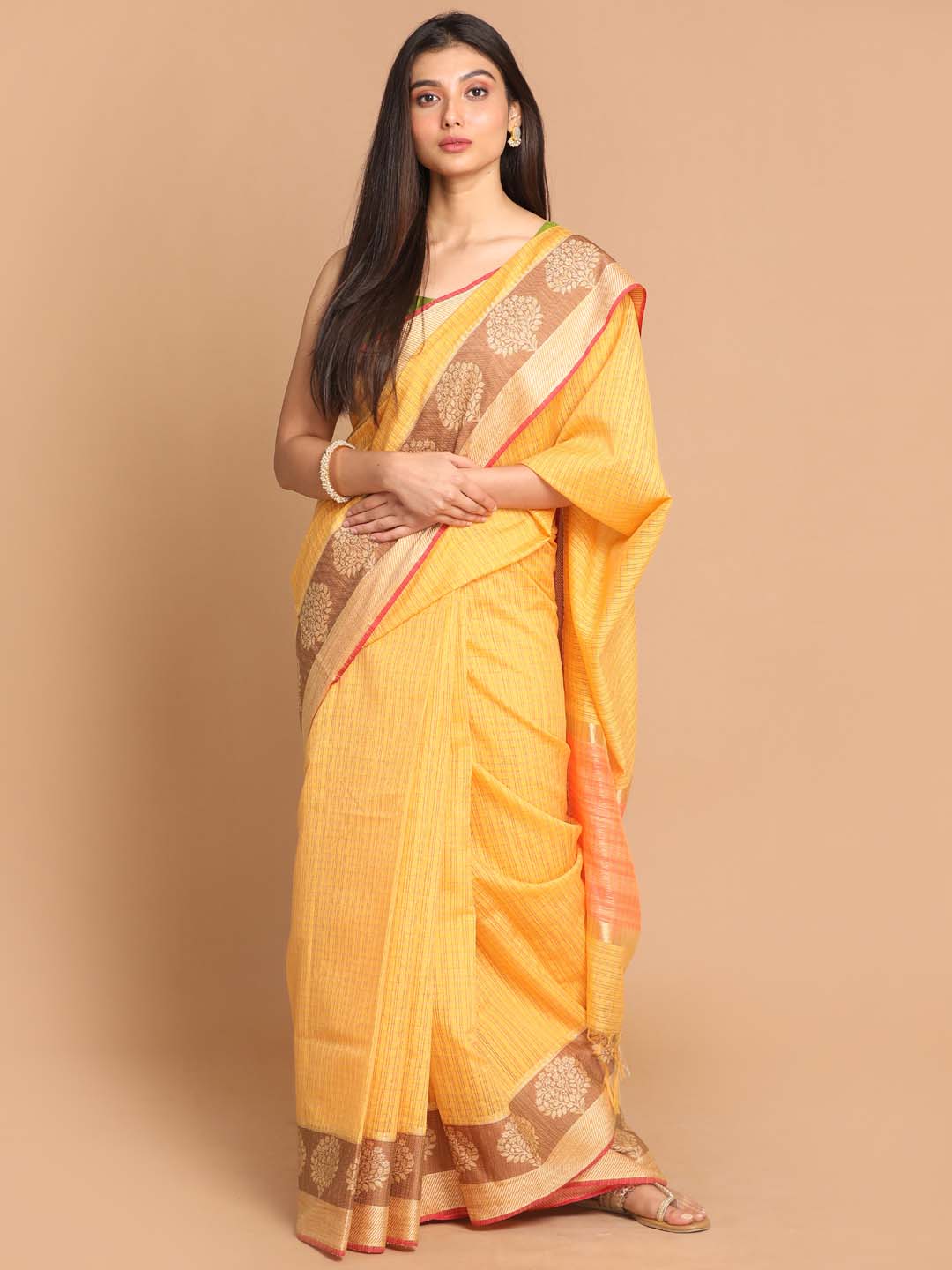 Indethnic Banarasi Yellow Checked Daily Wear Saree - View 1