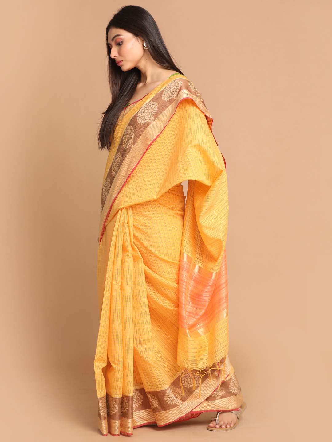 Indethnic Banarasi Yellow Checked Daily Wear Saree - View 2