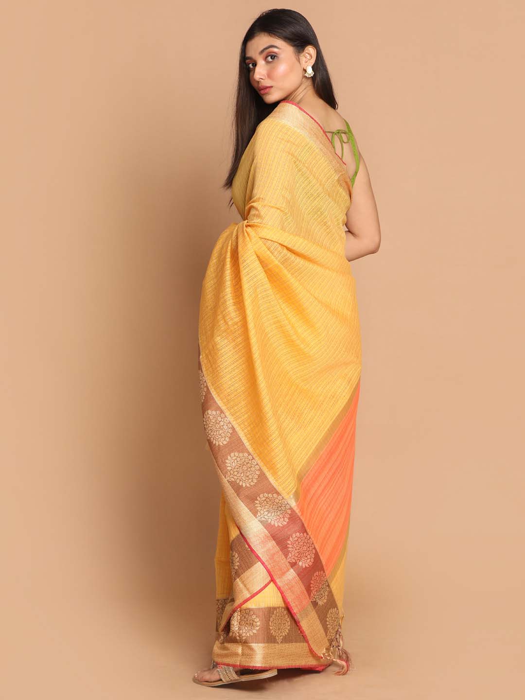 Indethnic Banarasi Yellow Checked Daily Wear Saree - View 3