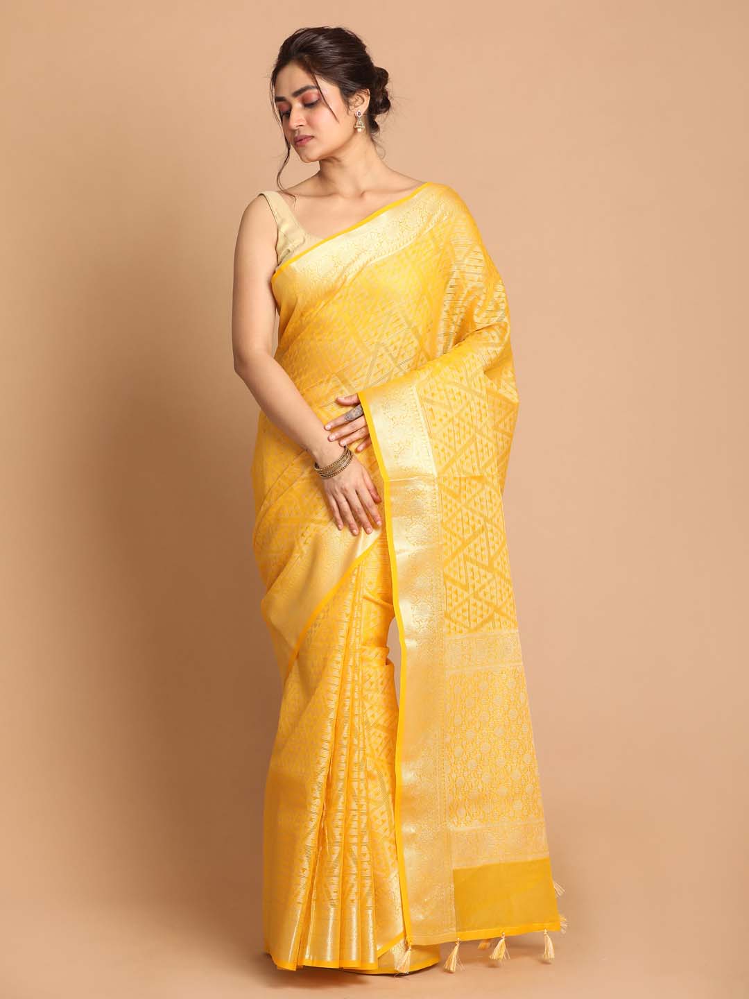 Indethnic Banarasi Yellow Woven Design Daily Wear Saree - View 1