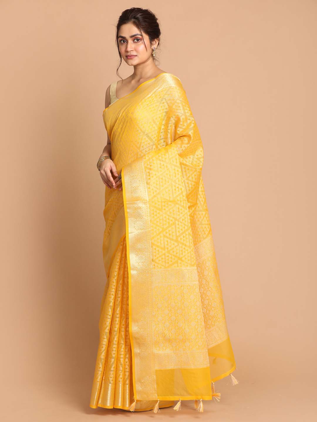 Indethnic Banarasi Yellow Woven Design Daily Wear Saree - View 2