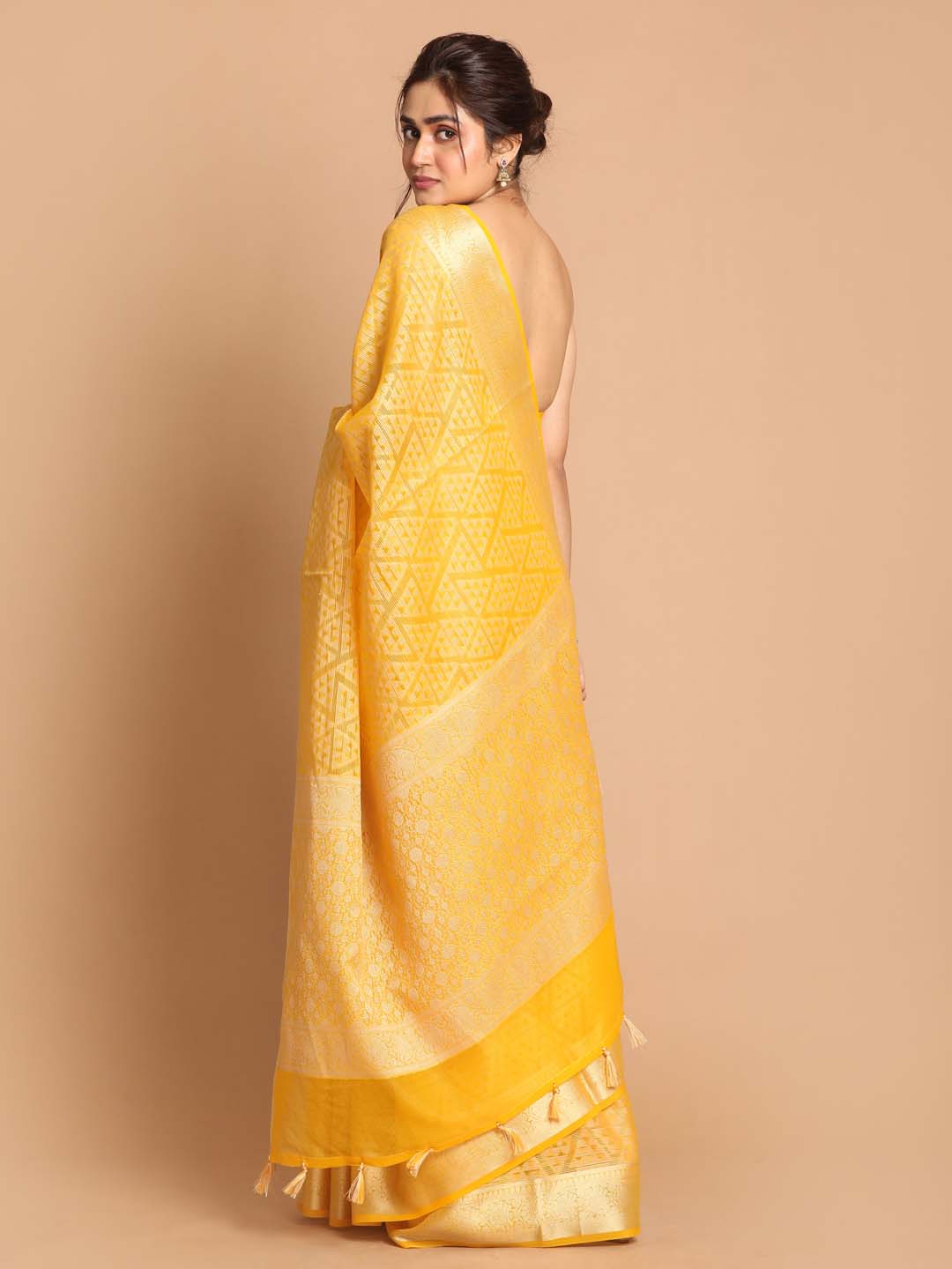 Indethnic Banarasi Yellow Woven Design Daily Wear Saree - View 3