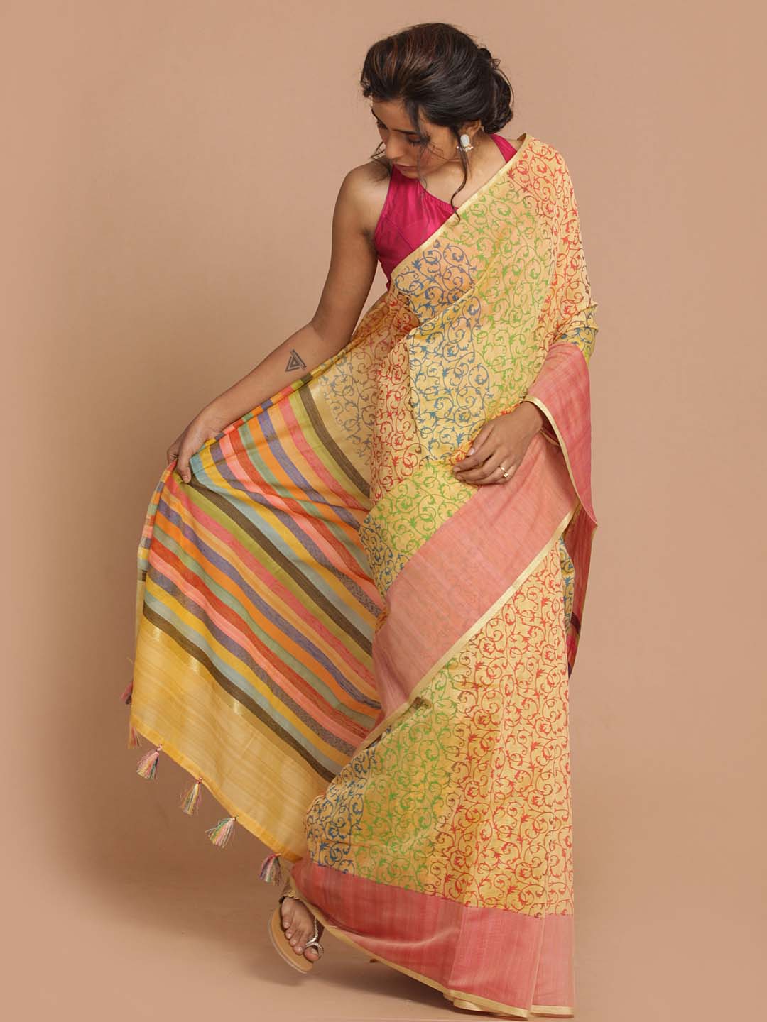 Indethnic Banarasi Yellow Printed Daily Wear Saree - View 1