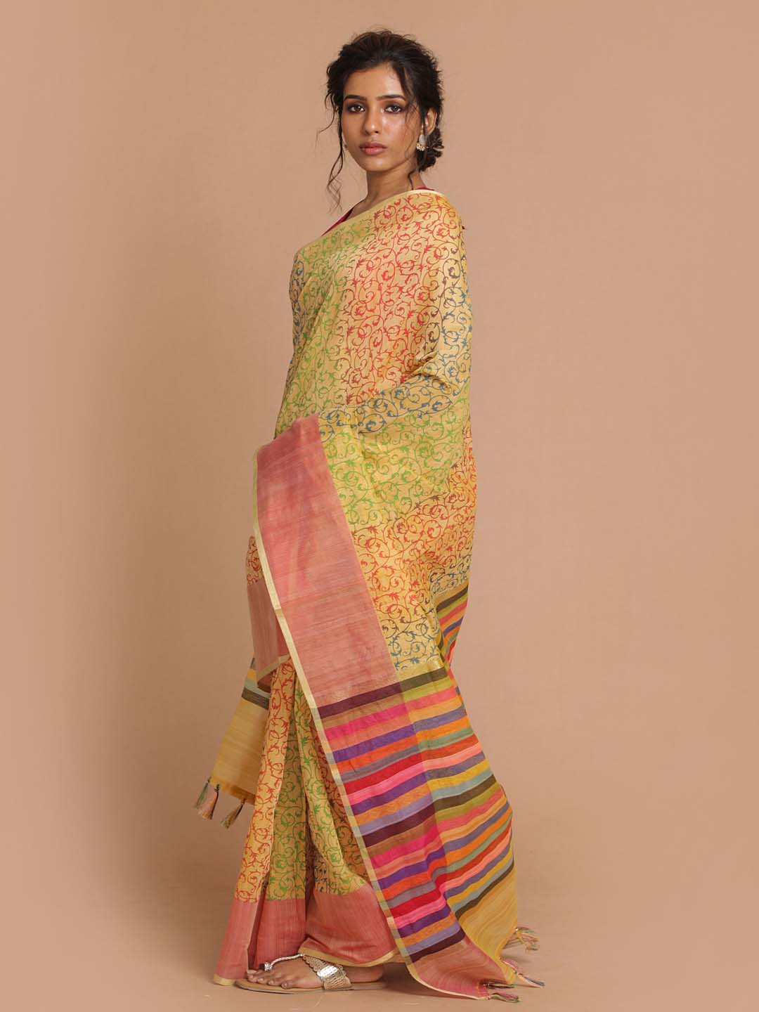 Indethnic Banarasi Yellow Printed Daily Wear Saree - View 2