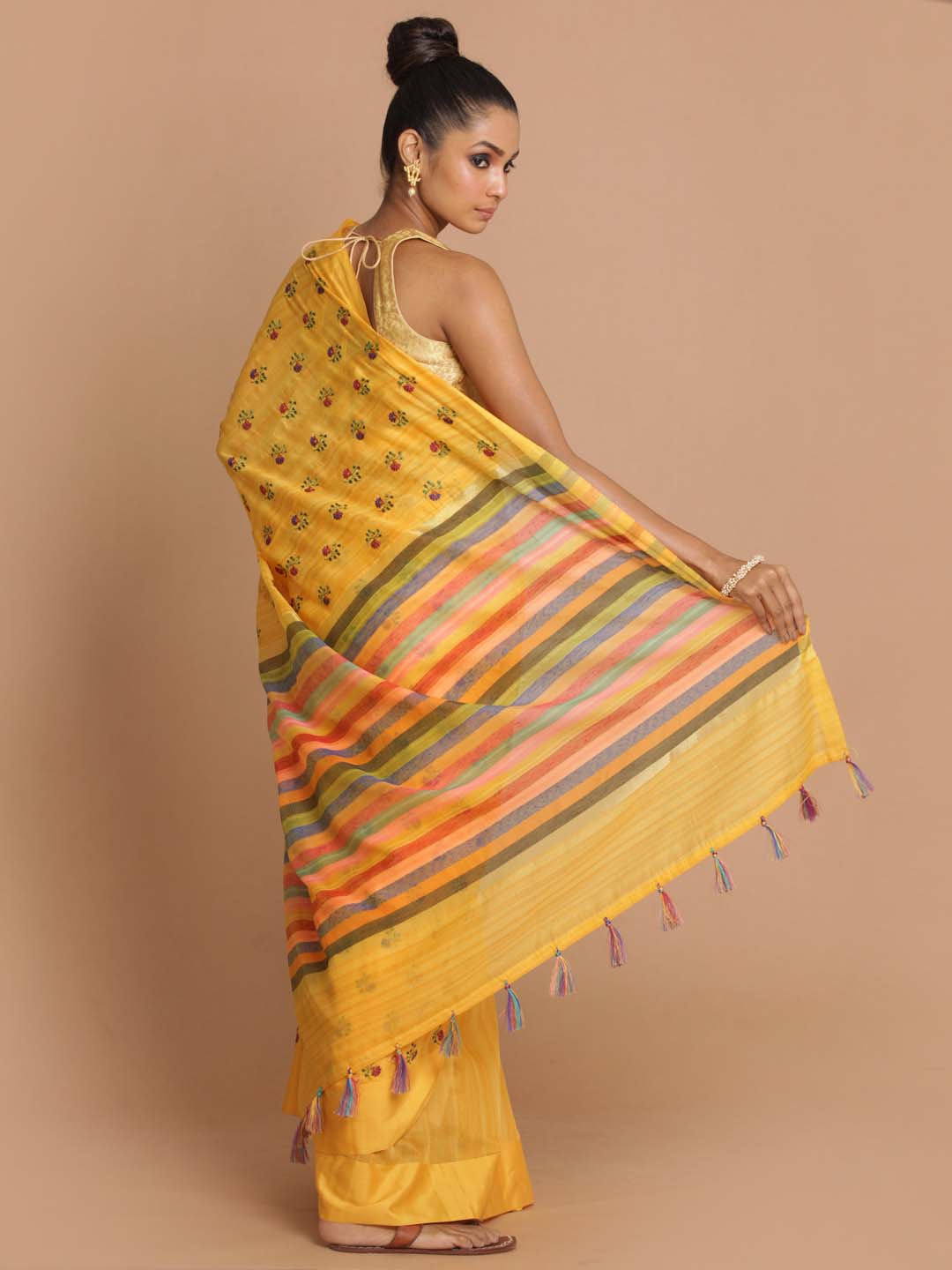 Indethnic Banarasi Yellow Embroidered Daily Wear Saree - View 3