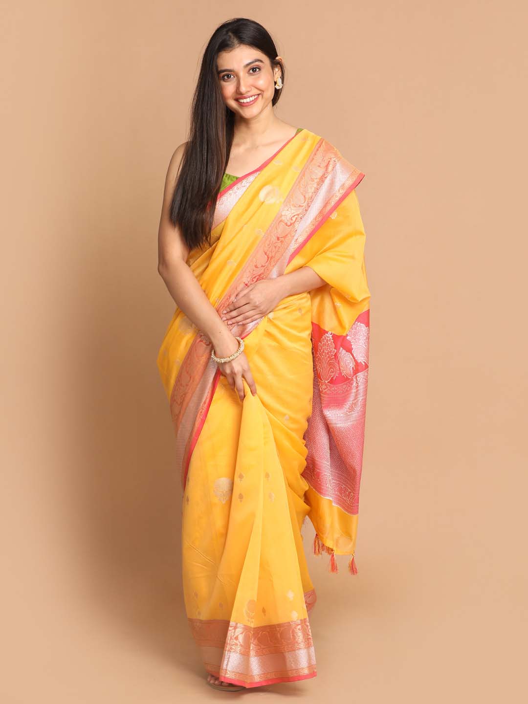 Indethnic Banarasi Yellow Woven Design Daily Wear Saree - View 1