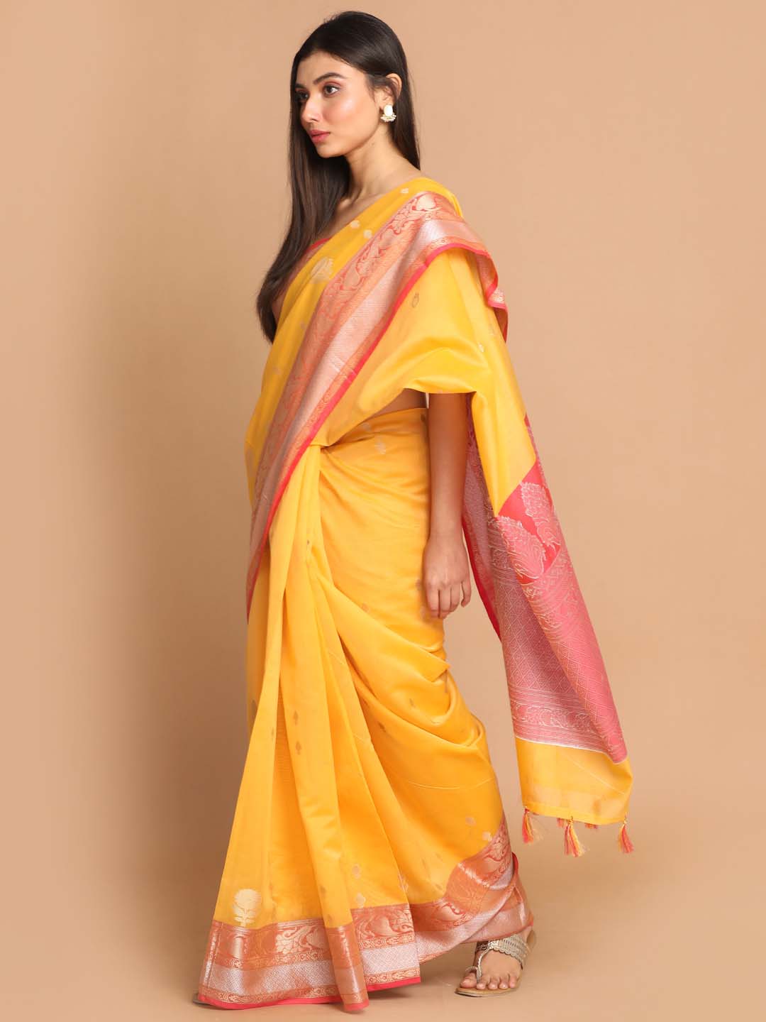 Indethnic Banarasi Yellow Woven Design Daily Wear Saree - View 2