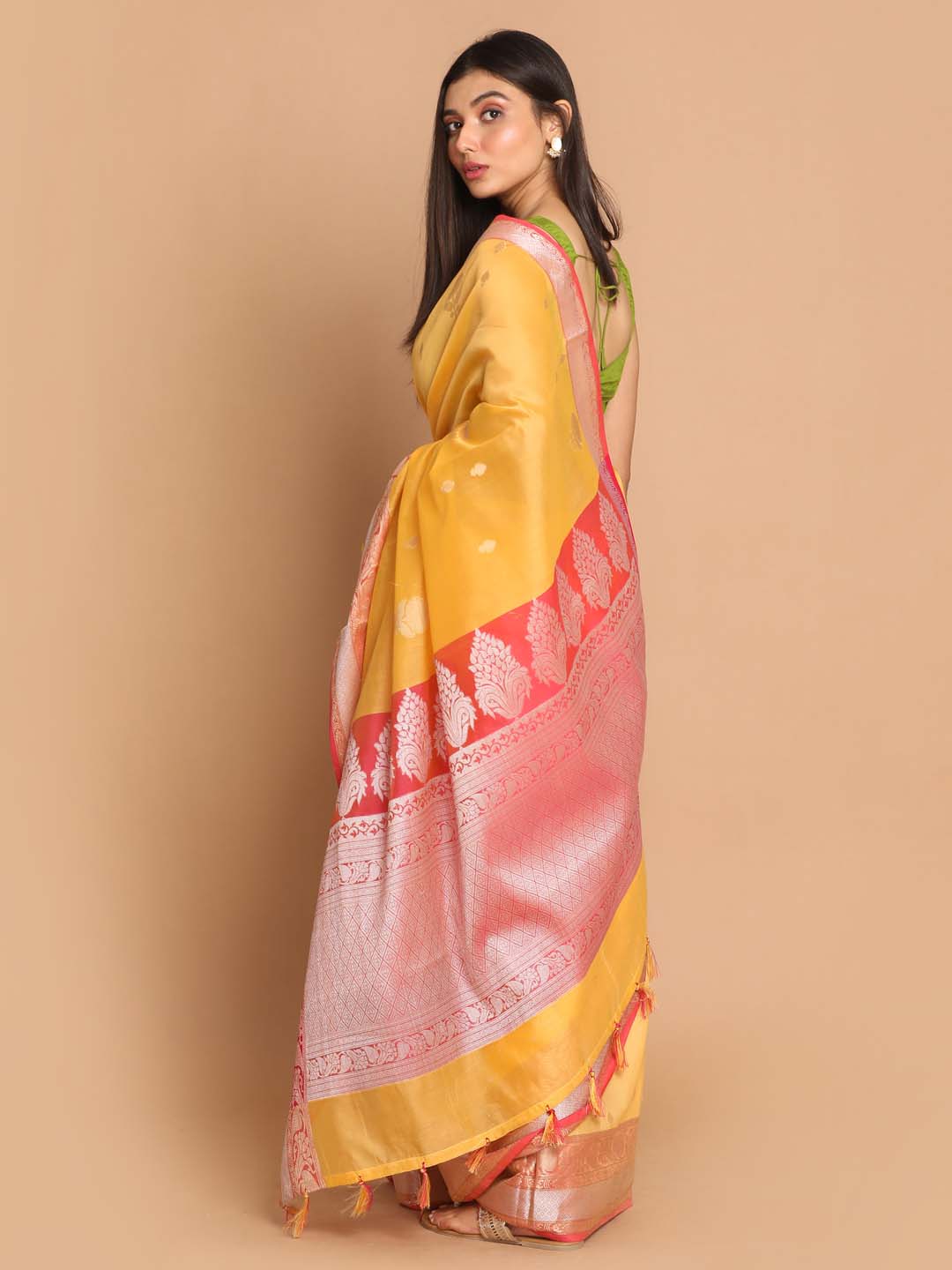 Indethnic Banarasi Yellow Woven Design Daily Wear Saree - View 3