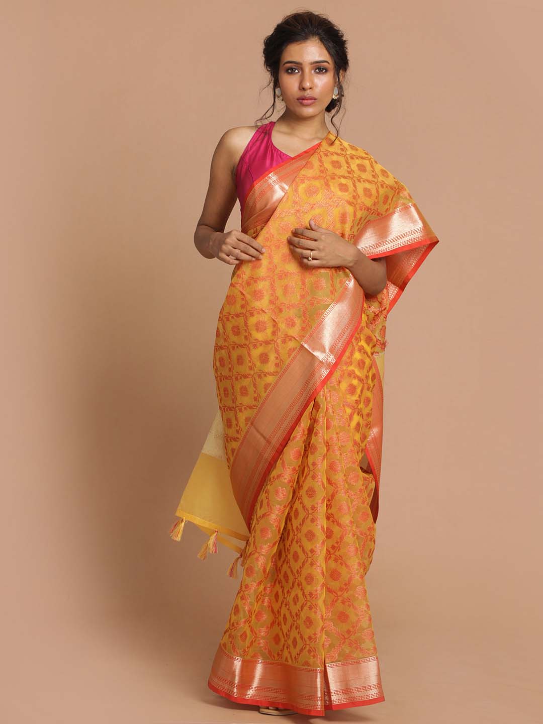 Indethnic Banarasi Yellow Woven Design Party Wear Saree - View 1