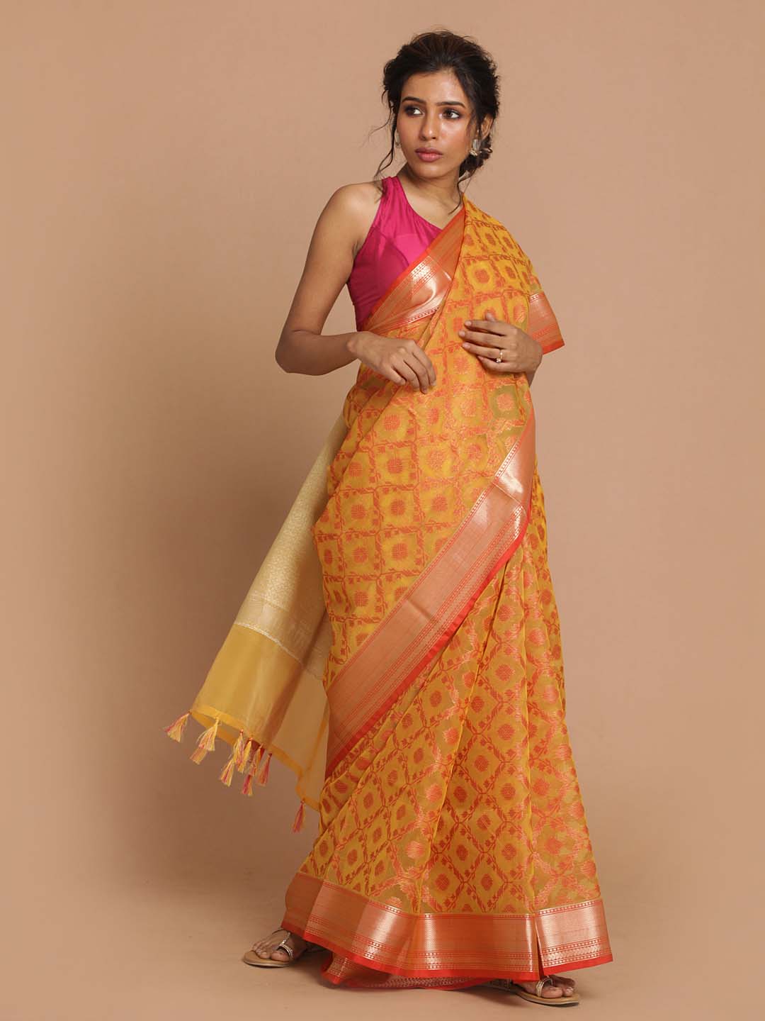 Indethnic Banarasi Yellow Woven Design Party Wear Saree - View 2