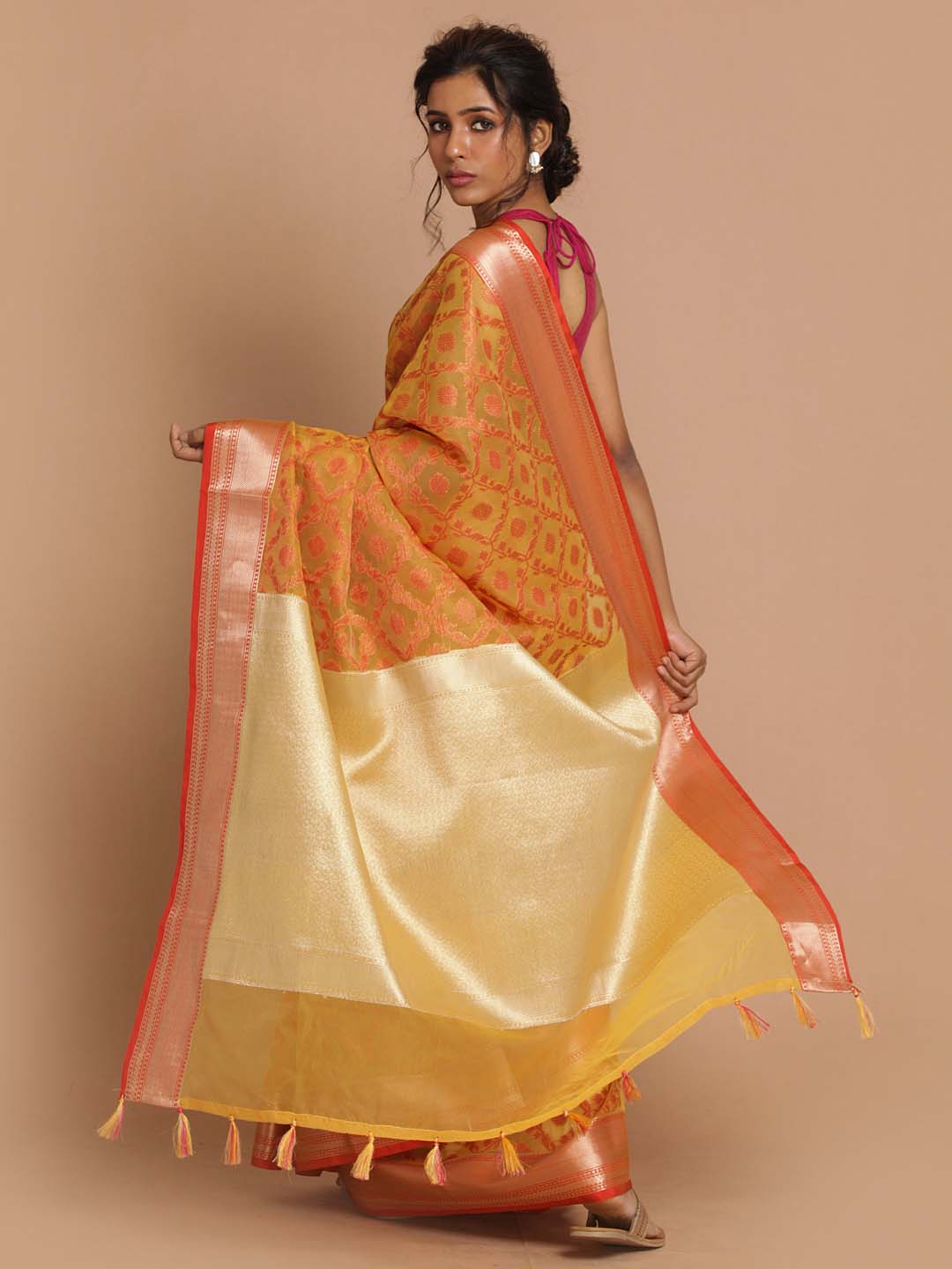 Indethnic Banarasi Yellow Woven Design Party Wear Saree - View 3