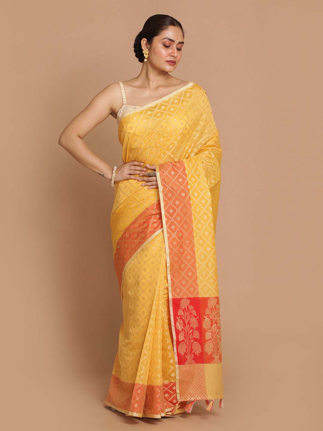 Indethnic Banarasi Yellow Woven Design Party Wear Saree - View 1