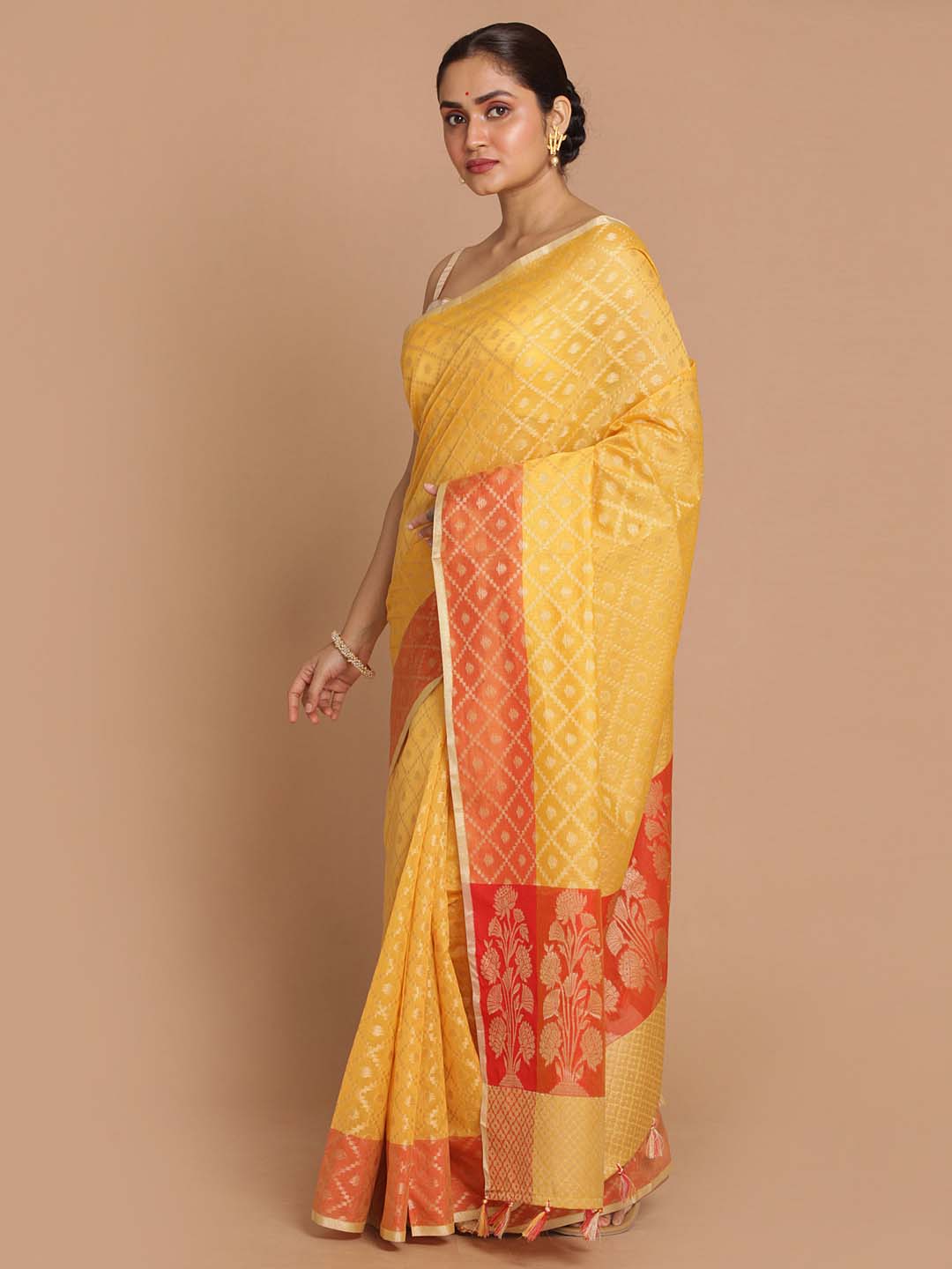 Indethnic Banarasi Yellow Woven Design Party Wear Saree - View 2