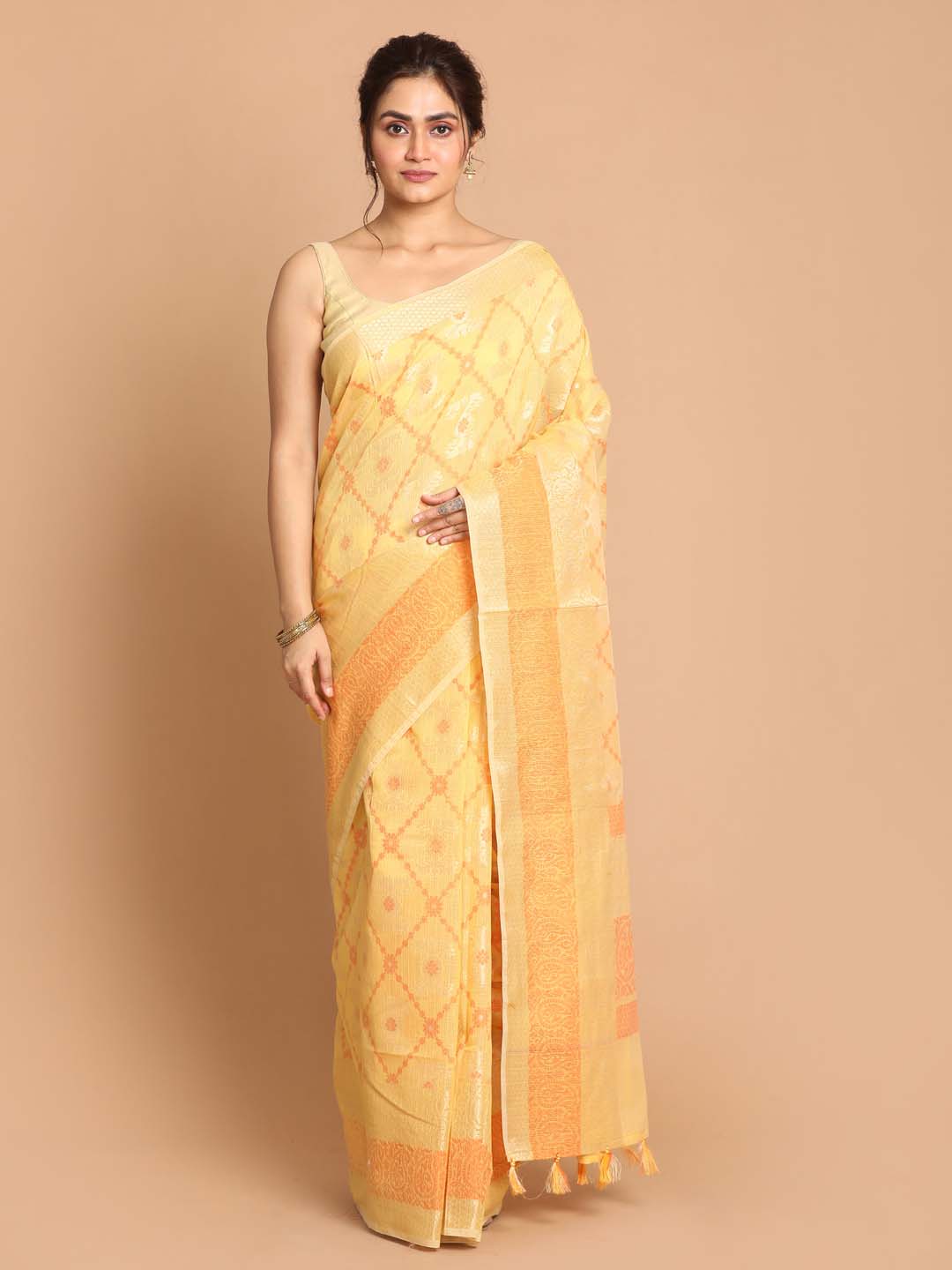 Indethnic Banarasi Yellow Woven Design Daily Wear Saree - View 1