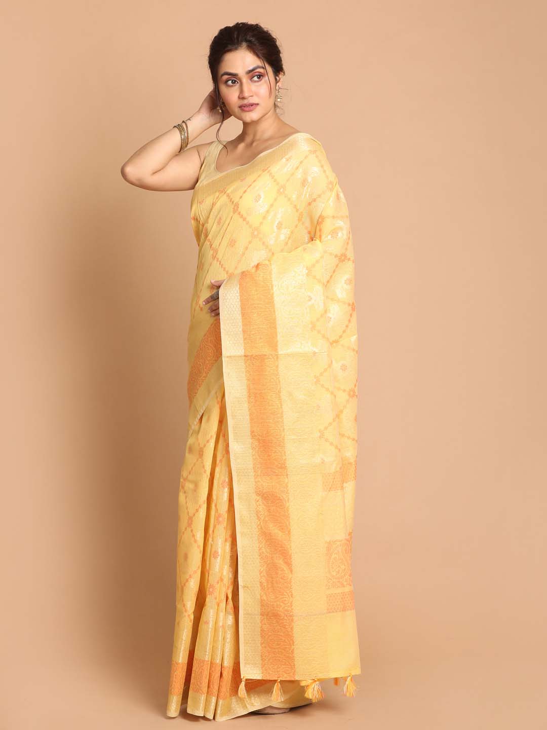 Indethnic Banarasi Yellow Woven Design Daily Wear Saree - View 2