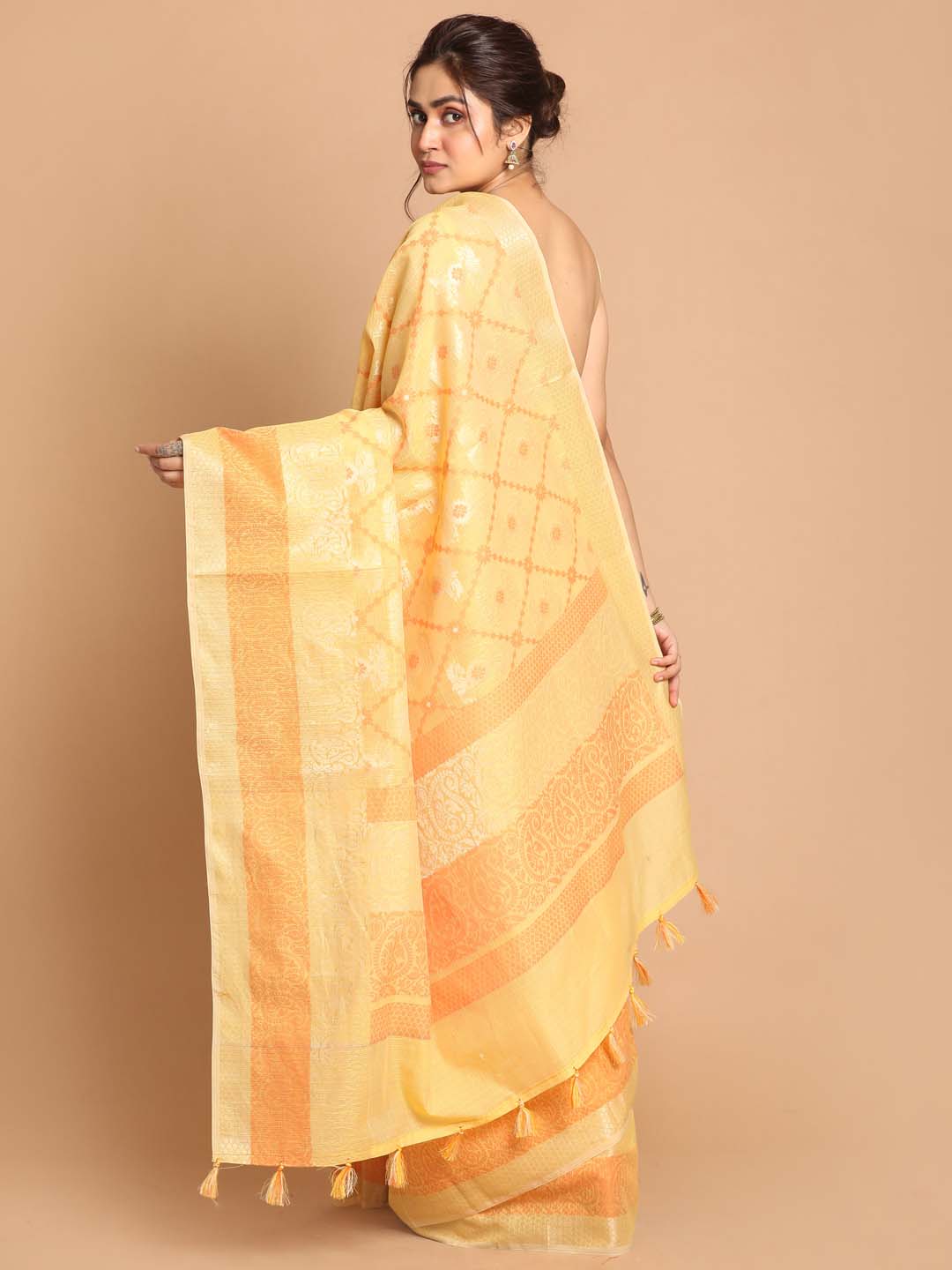 Indethnic Banarasi Yellow Woven Design Daily Wear Saree - View 3