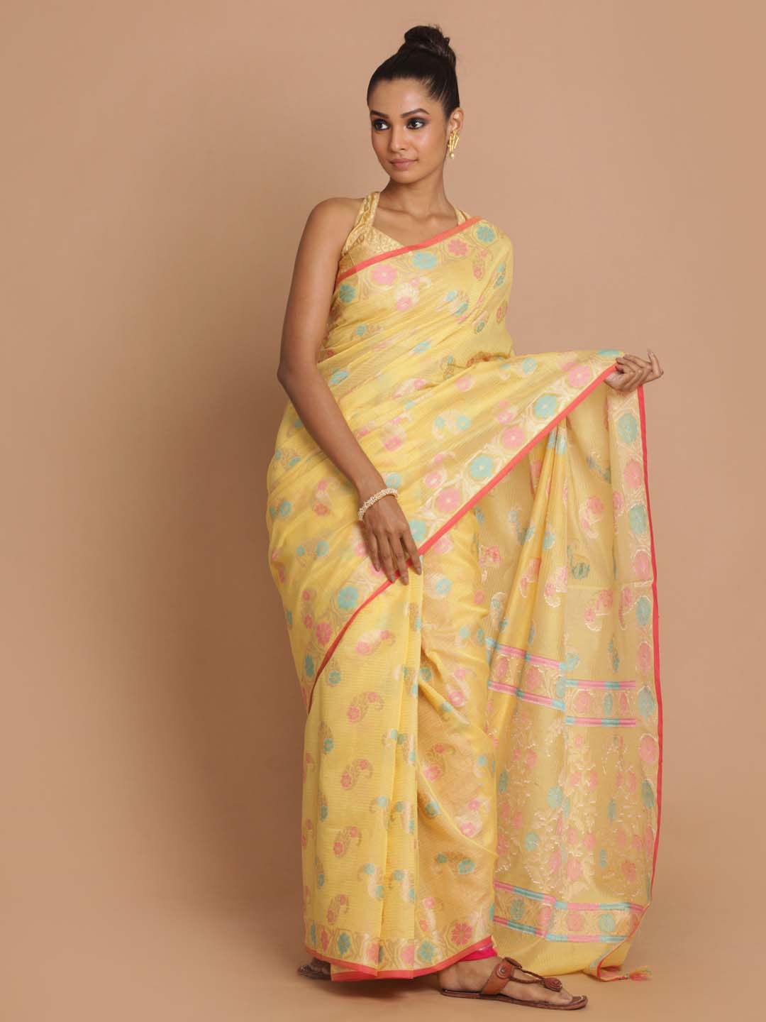 Indethnic Banarasi Yellow Woven Design Party Wear Saree - View 1