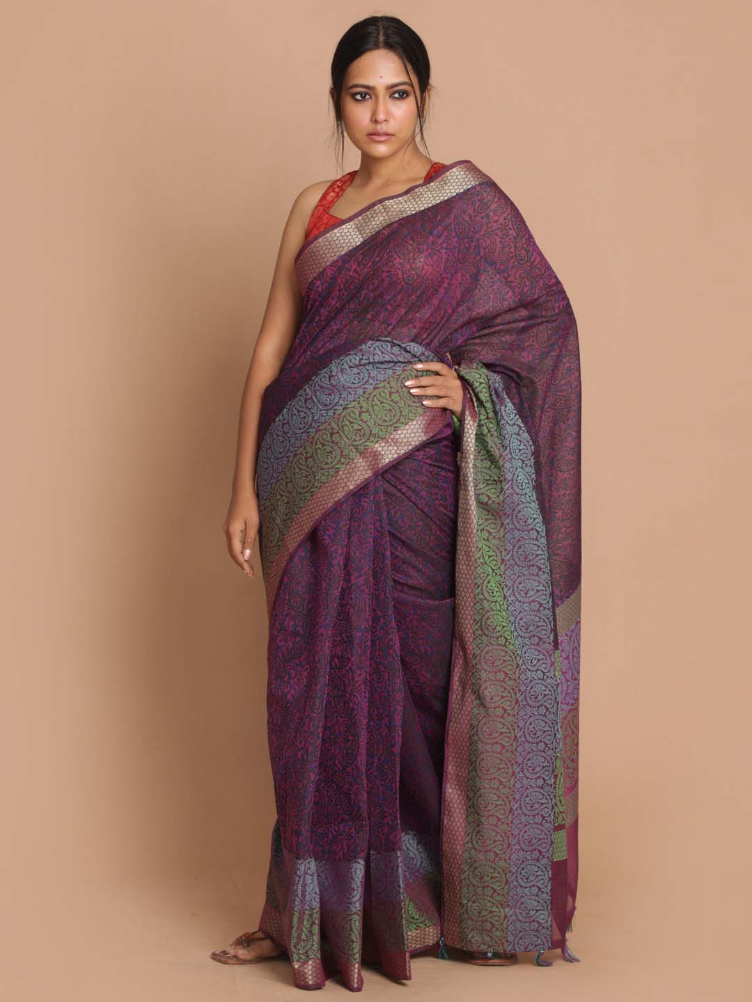 Indethnic Banarasi Wine Printed Daily Wear Saree - View 1