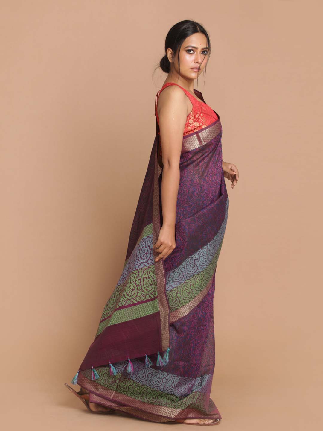 Indethnic Banarasi Wine Printed Daily Wear Saree - View 2