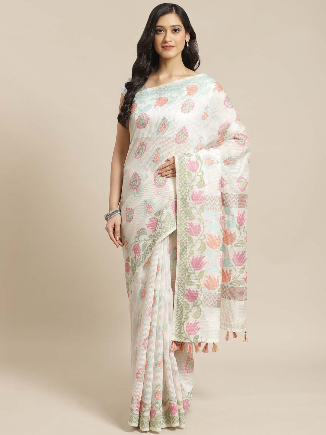 Indethnic Banarasi White Woven Design Party Wear Saree - View 1