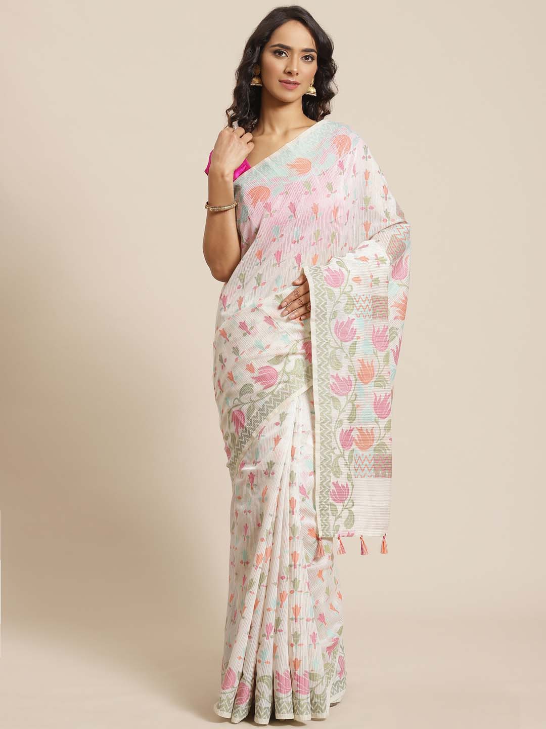 Indethnic Banarasi White Woven Design Party Wear Saree - View 1