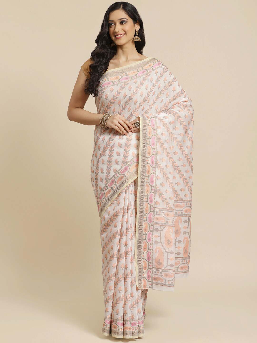 Indethnic Banarasi White Woven Design Work Wear Saree - View 1