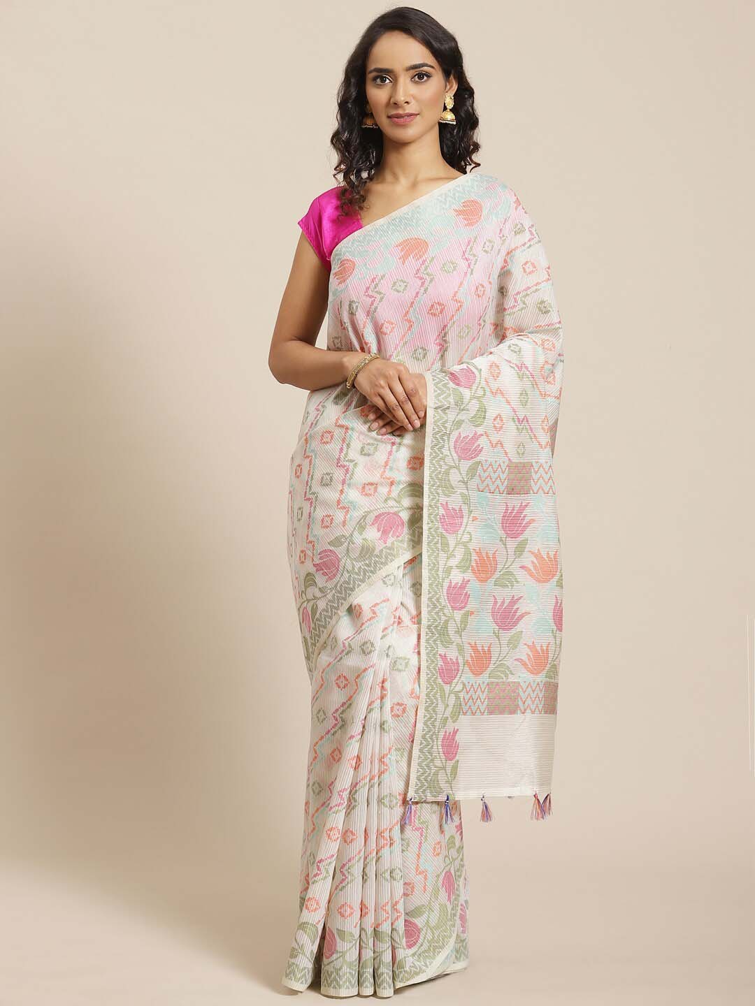 Indethnic Banarasi White Woven Design Work Wear Saree - View 1