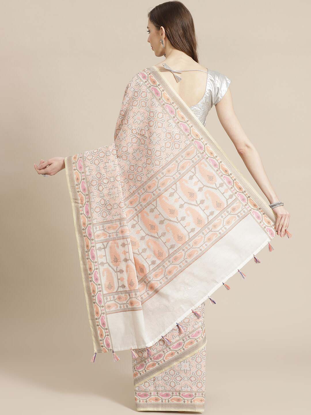 Indethnic Banarasi White Woven Design Work Wear Saree - View 3