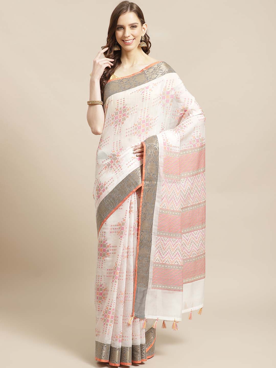 Indethnic Banarasi White Woven Design Daily Wear Saree - View 1