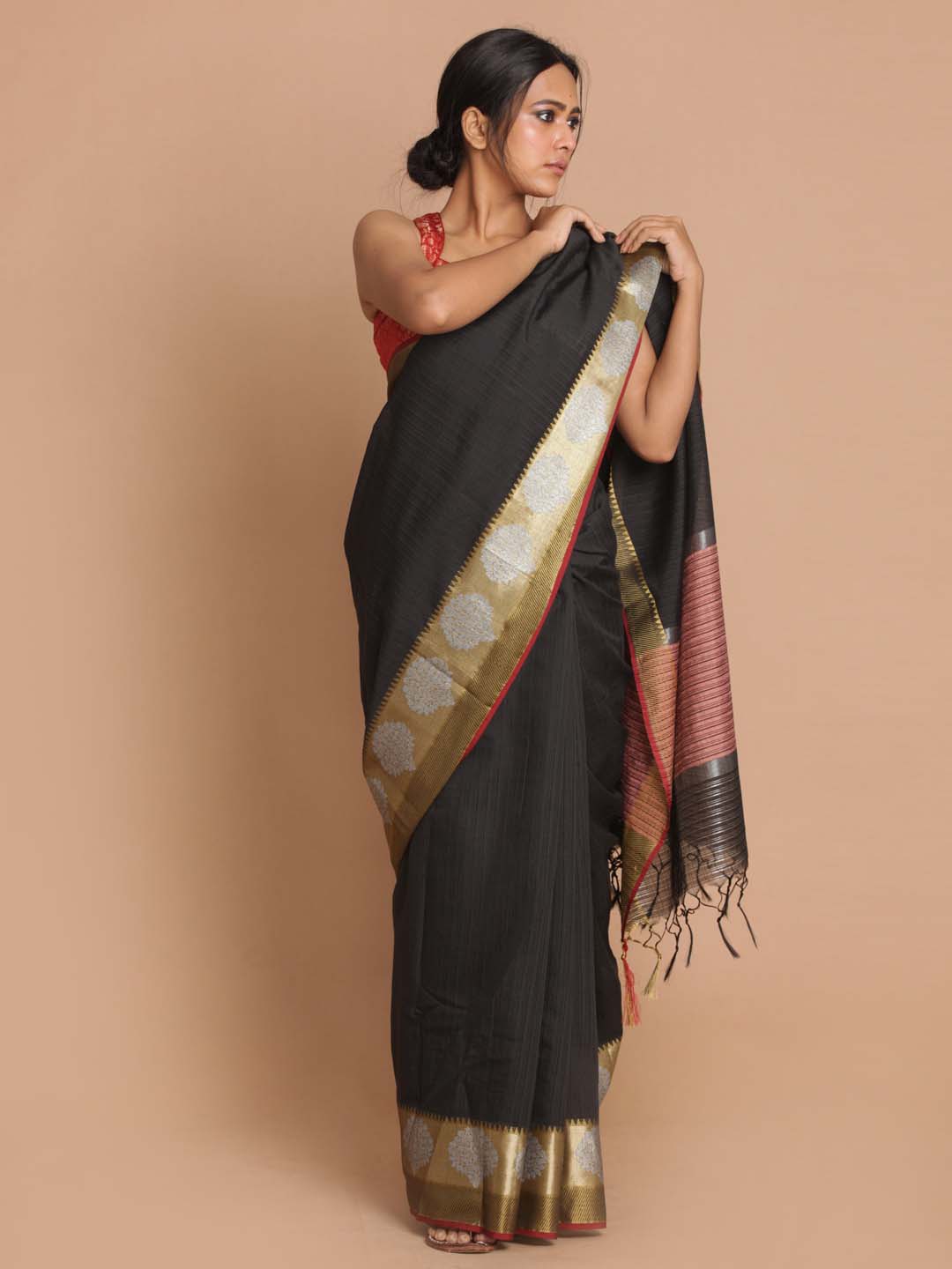 Indethnic Banarasi Black Checked Work Wear Saree - View 1