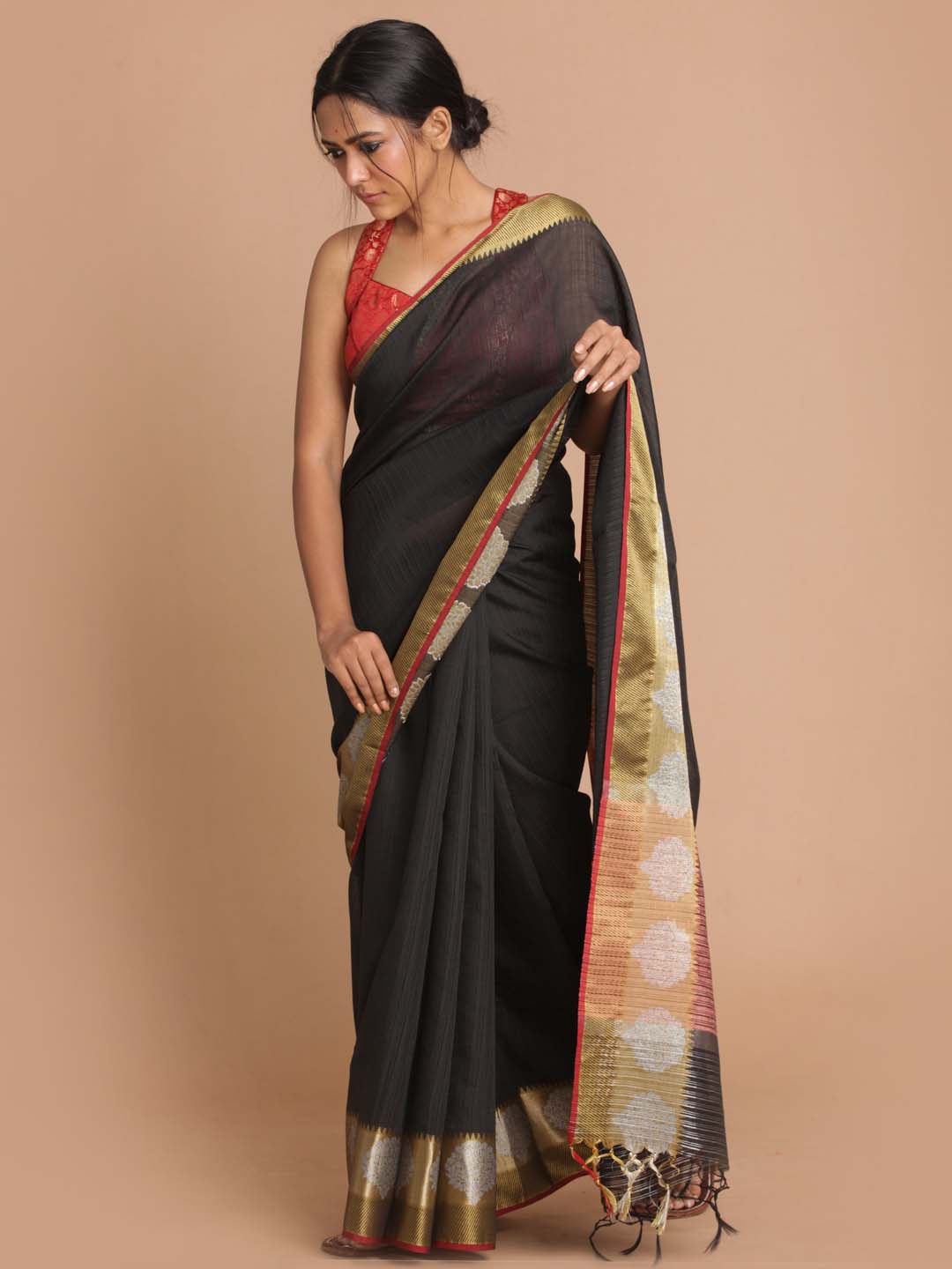 Indethnic Banarasi Black Checked Work Wear Saree - View 2