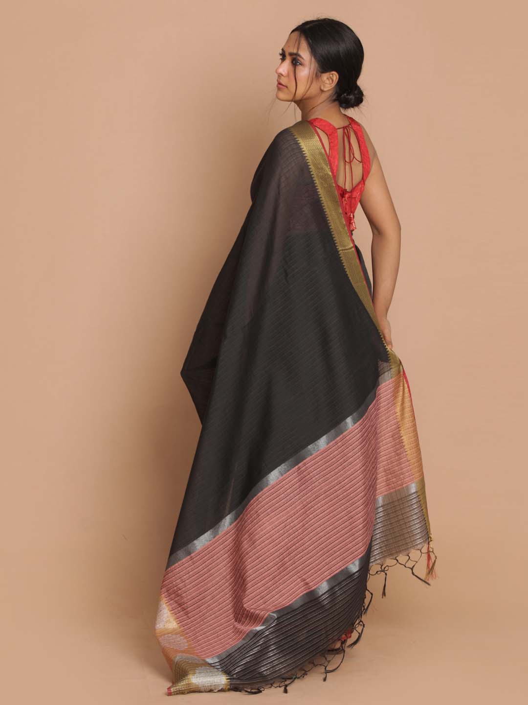 Indethnic Banarasi Black Checked Work Wear Saree - View 3