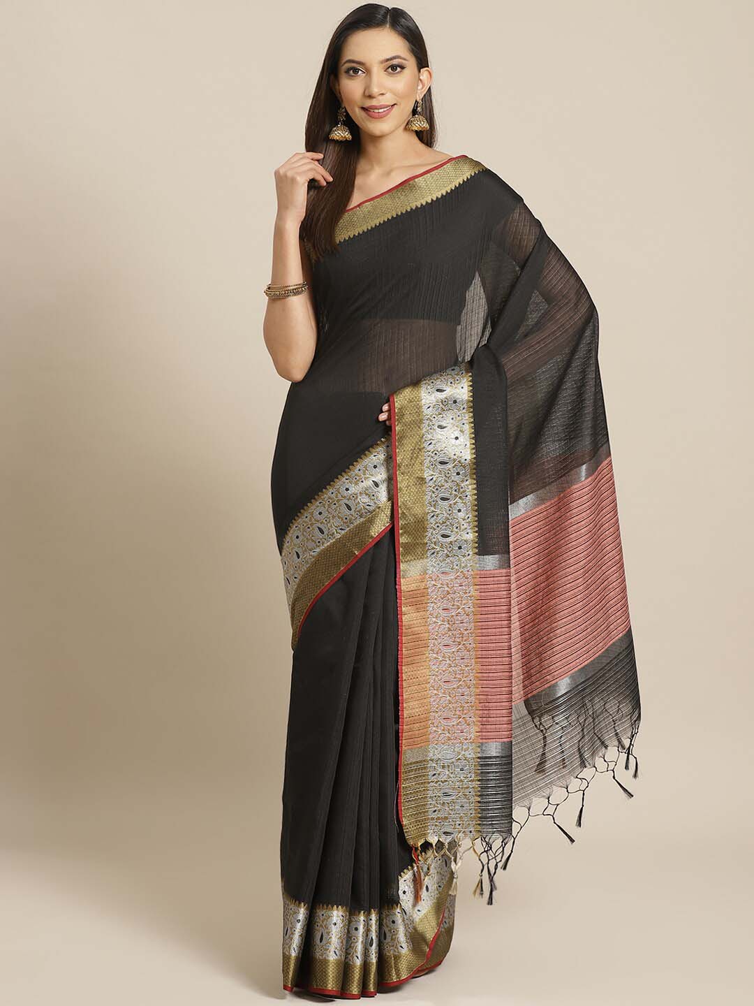 Indethnic Banarasi Black Woven Design Work Wear Saree - View 1