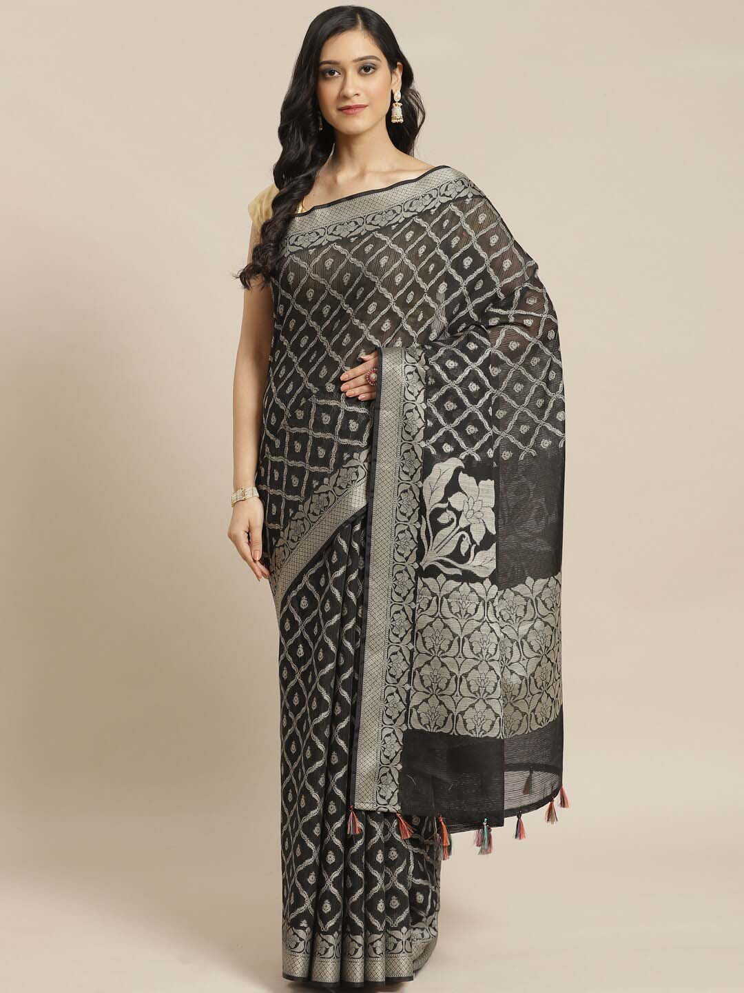 Indethnic Banarasi Black Woven Design Work Wear Saree - View 1