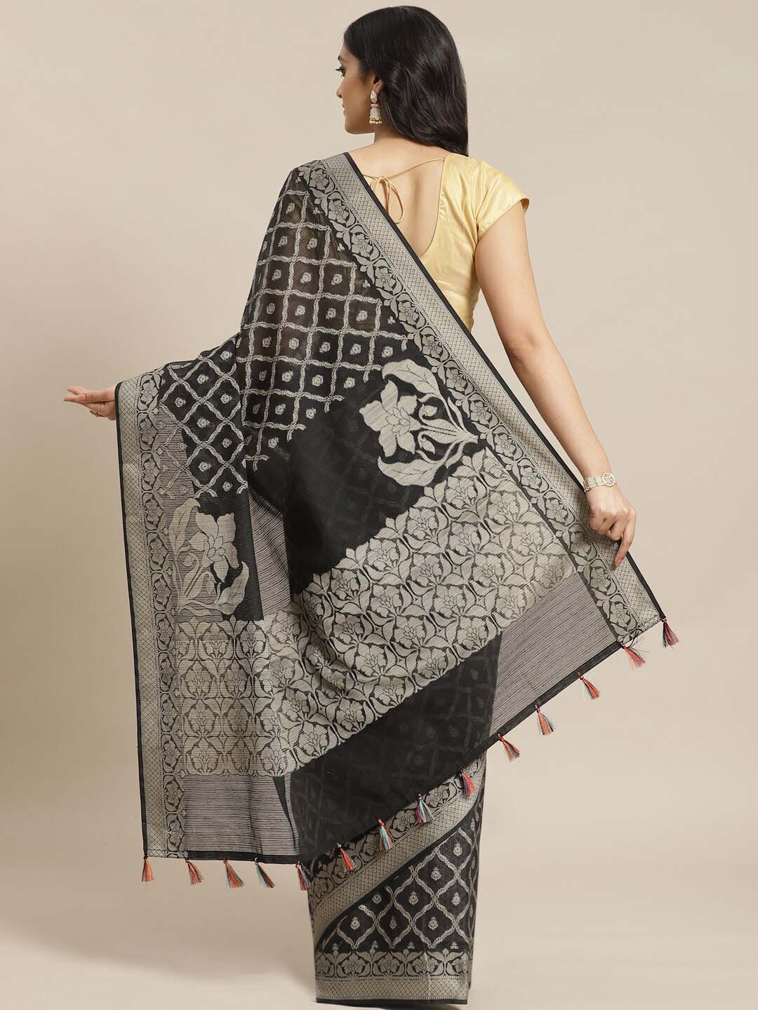 Indethnic Banarasi Black Woven Design Work Wear Saree - View 3