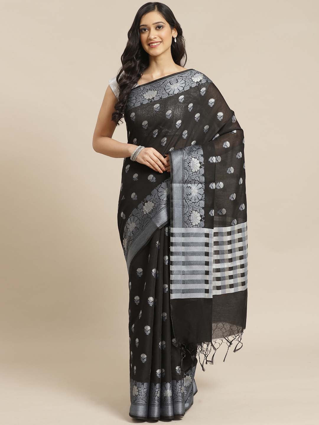 Indethnic Banarasi Black Checked Work Wear Saree - View 1