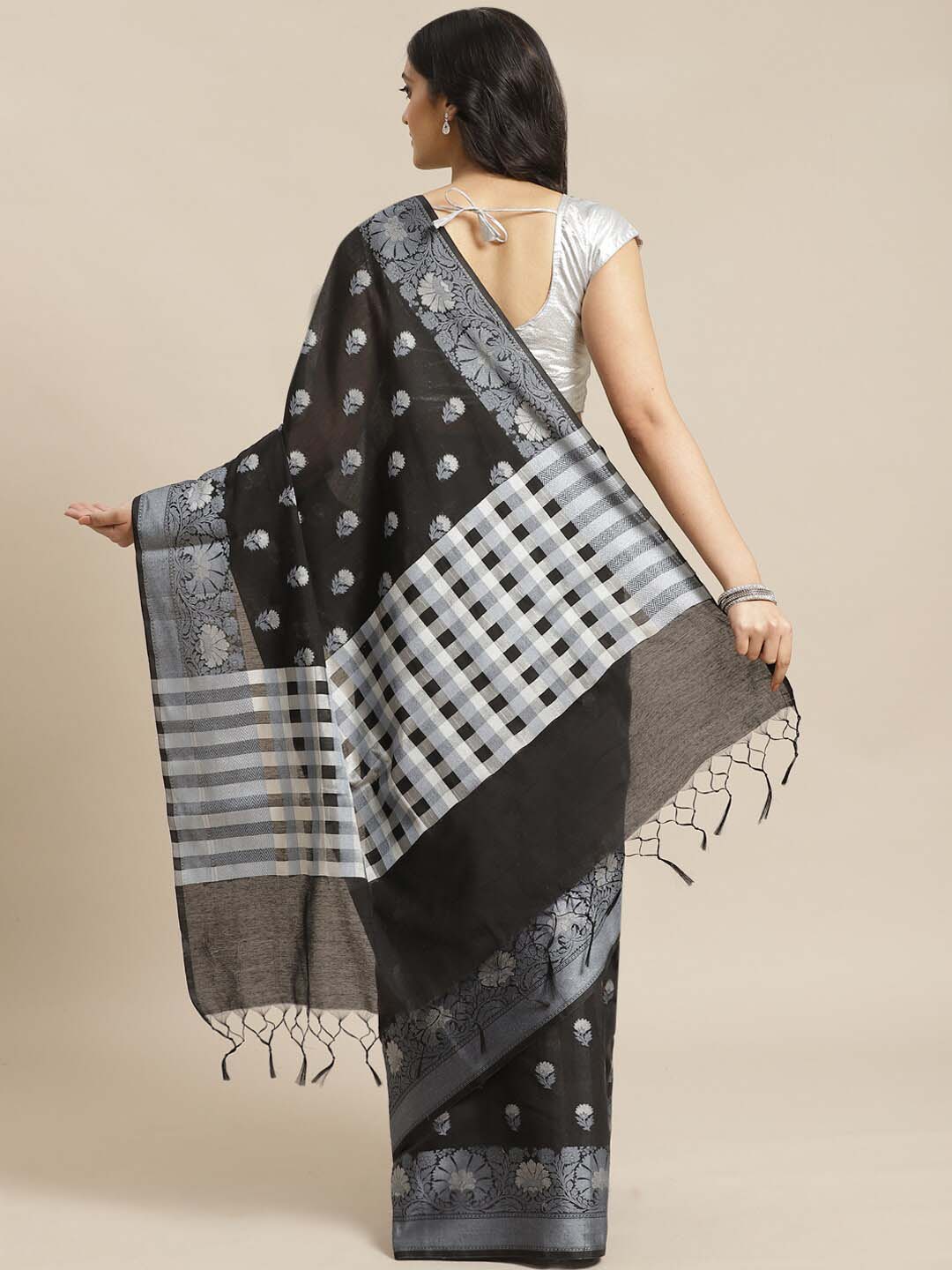 Indethnic Banarasi Black Checked Work Wear Saree - View 2