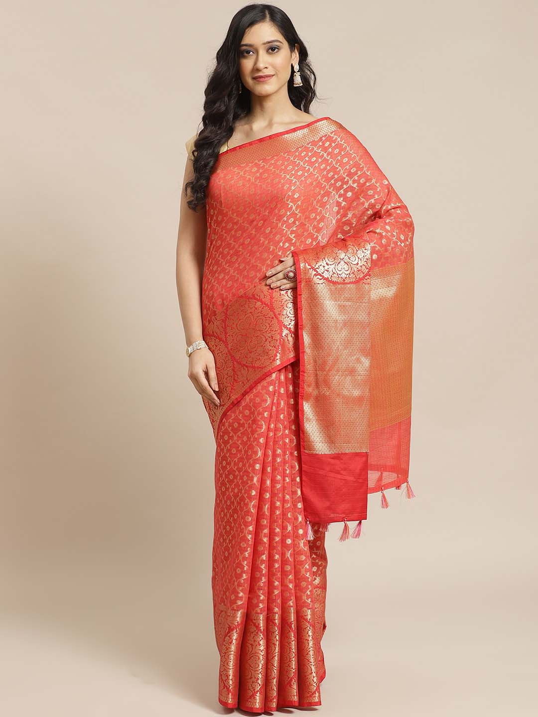 Indethnic Banarasi Red Woven Design Festive Wear Saree - View 1
