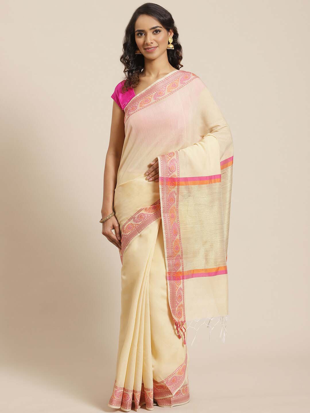 Indethnic Banarasi Beige Solid Daily Wear Saree - View 1