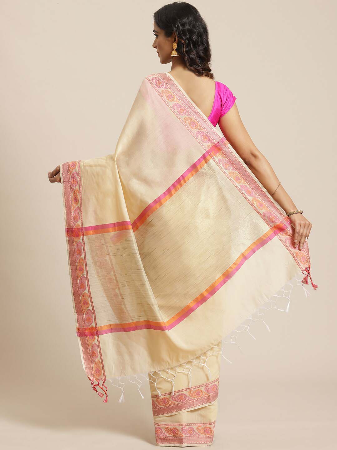 Indethnic Banarasi Beige Solid Daily Wear Saree - View 3