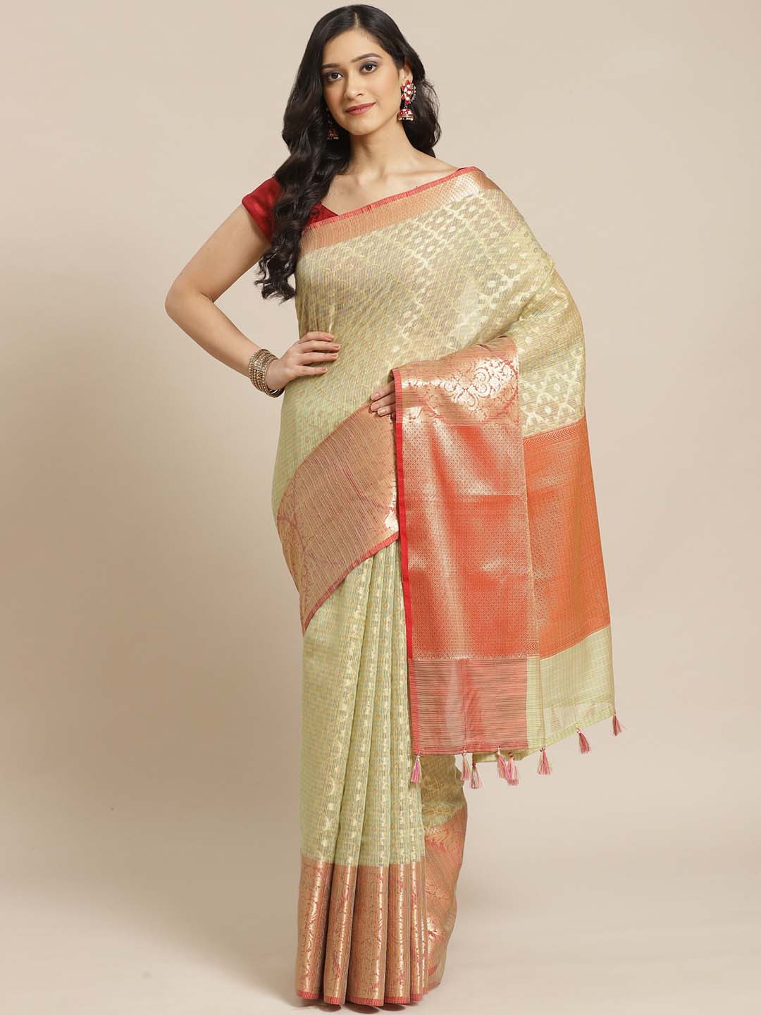 Indethnic Banarasi Beige Woven Design Festive Wear Saree - View 1