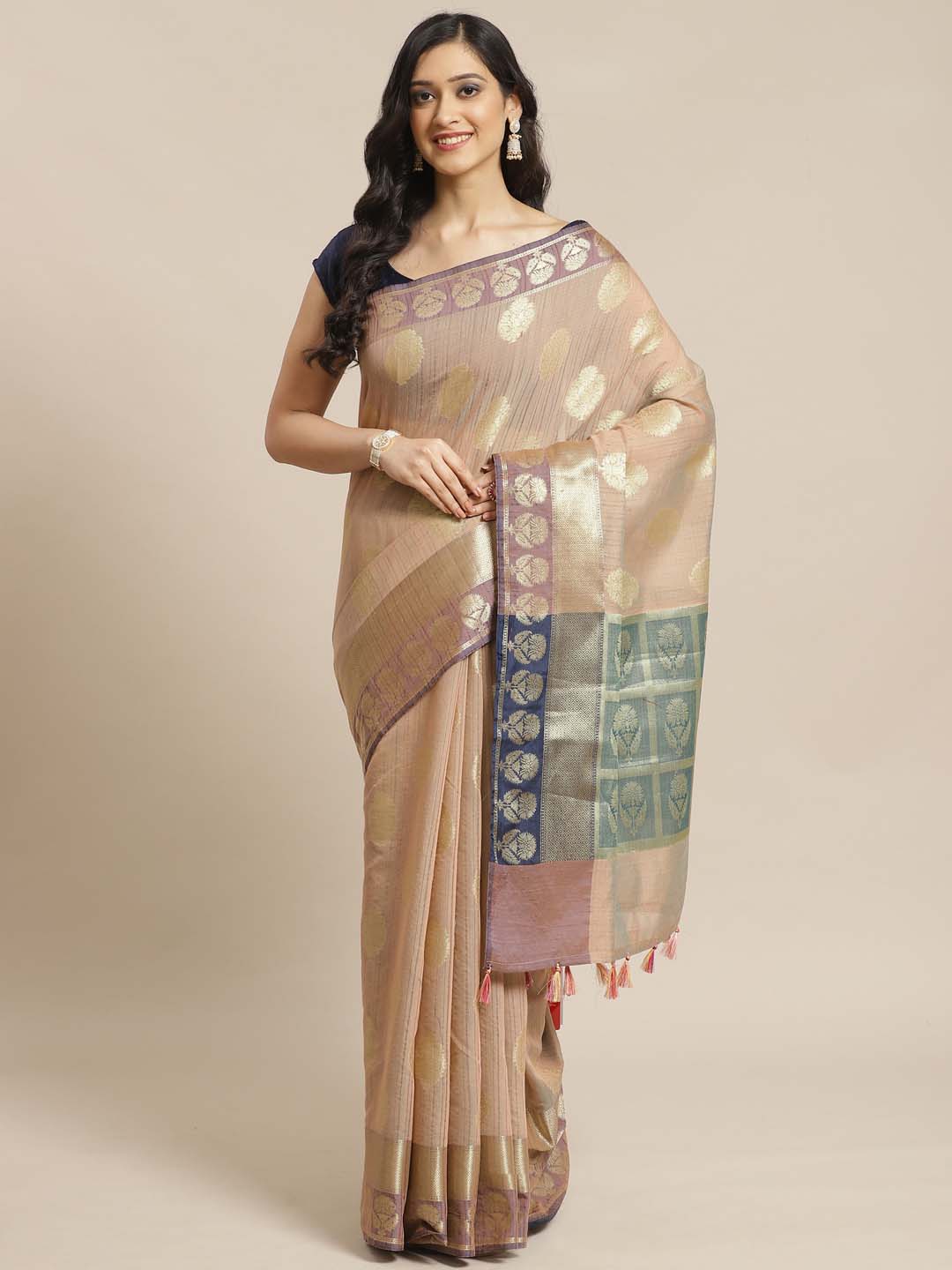 Indethnic Banarasi Beige Woven Design Work Wear Saree - View 1