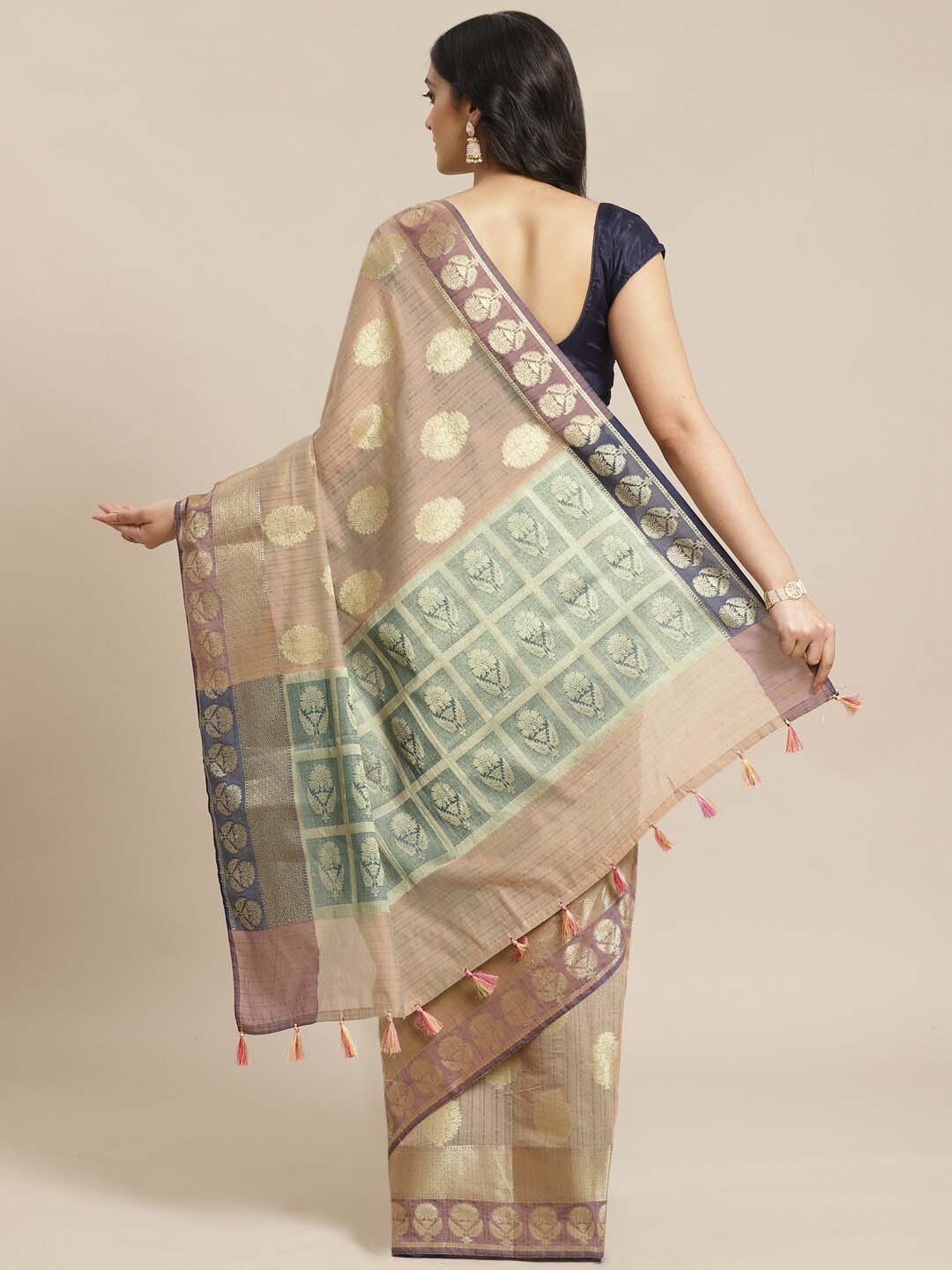 Indethnic Banarasi Beige Woven Design Work Wear Saree - View 2