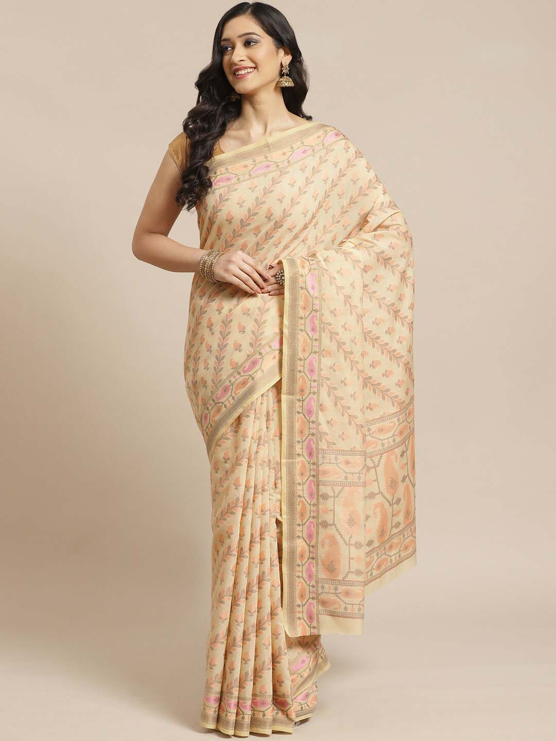 Indethnic Banarasi Beige Woven Design Work Wear Saree - View 1