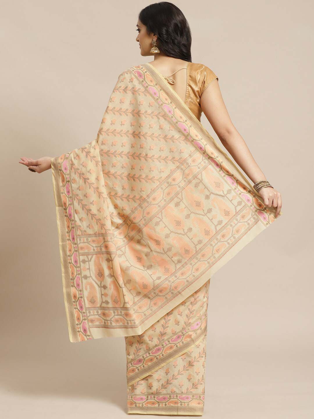 Indethnic Banarasi Beige Woven Design Work Wear Saree - View 3