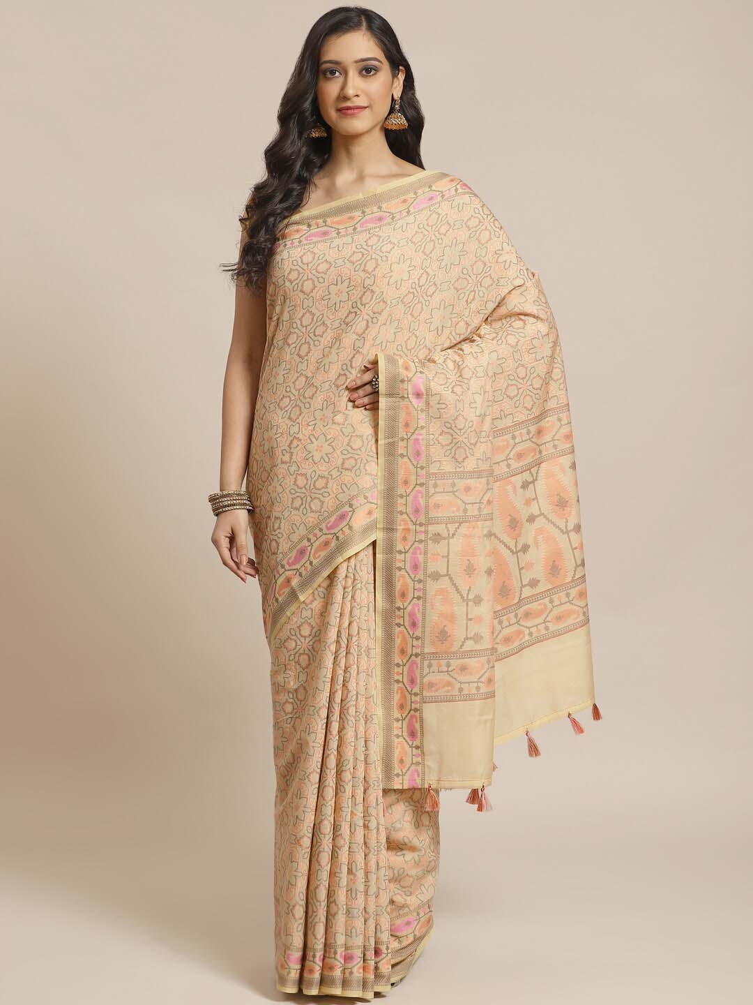 Indethnic Banarasi Beige Woven Design Work Wear Saree - View 1