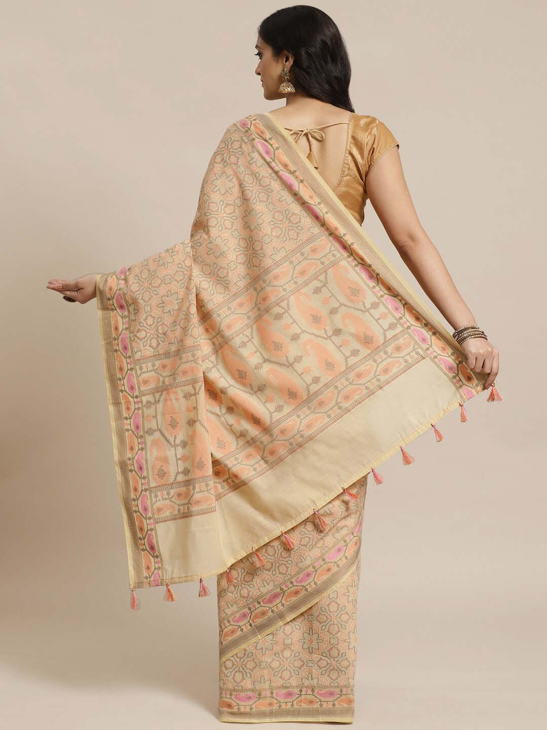 Indethnic Banarasi Beige Woven Design Work Wear Saree - View 3